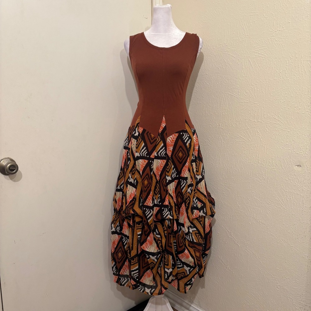 Kaktus Rust Brown Geometric Tribal Print Gathered Layered Boho Midi Dress Size M